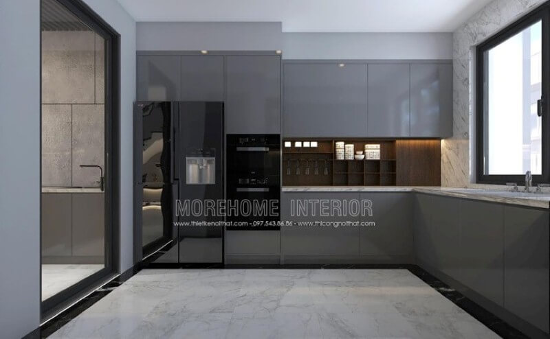 Mẫu tủ bếp gỗ công nghiệp acrylic màu xám đẹp mắt trong bố trí nội thất phòng bếp hiện đại sẽ là lựa chọn khá phù hợp với các không gian như chung cư, biệt thự, nhà phố. Tủ bếp hiện đại