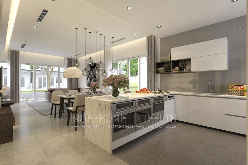 Thiết kế tủ bếp hiện đại liền kề với khu vực sinh hoạt chung khác mang lại cho gia chủ một không gian sống đầy đủ tiện nghi hơn cả Tủ bếp hiện đại