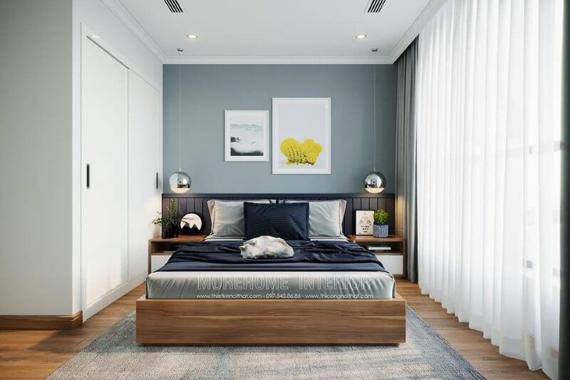 Tủ quần áo áo âm tường bằng gỗ Acrylic, làm hạn chế sự hạn hẹp của không gian và tăng tính thẩm mỹ cho không gian phòng ngủ.