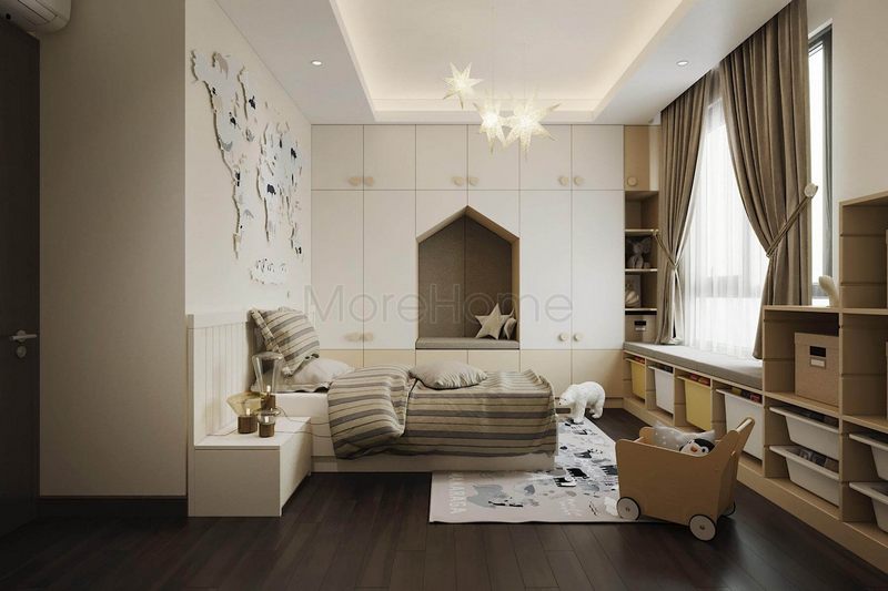 Tủ áo phòng ngủ trẻ, kết hợp ô trang trí có đệm ngồi ở giữa, không gian đọc sách đẹp, độc đáo
