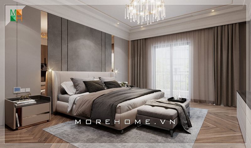 Mẫu giường ngủ phong cách hiện đại với chất liệu gỗ tự nhiên bọc nệm nỉ, đầu giường bọc nệm êm ái để tựa lưng, kết hợp với ghế đôn cuối giường cùng chất liệu, sẽ là lựa chọn tuyệt vời cho các căn hộ, nhà phố, biệt thự. Đó cũng là một nơi thích hợp để gia chủ thư giãn đọc sách trước khi nghỉ ngơi.