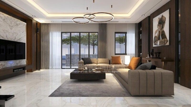 Biệt thự Park city được thiết kế nội thất phòng khách theo phong cách hiện đại nhưng vẫn giữ được sự sang trọng và ấm áp.
